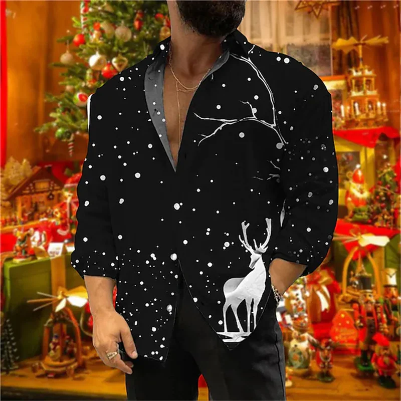 New Men\'s Shirt Party Style Christmas Deer 3D Printed Shirt Long Sleeve Button Lapel Top Men\'s New Year Christmas Shirt XS-6XL