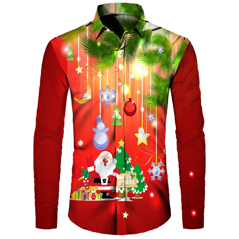 Camisa hawaiana con temática navideña para hombre, camisa informal de manga larga con estampado de flores en 3d, árbol de Papá Noel, Y2k