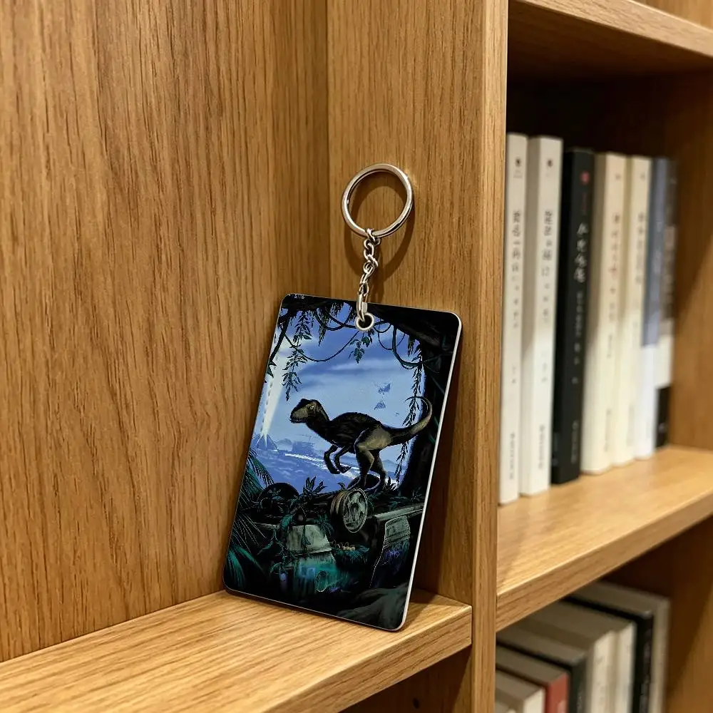 J-Jurassic Park D-Dinosaur World Card Case Leather Card Holder Keychain Key Ring Door Access Tags ID Card Case Keychain