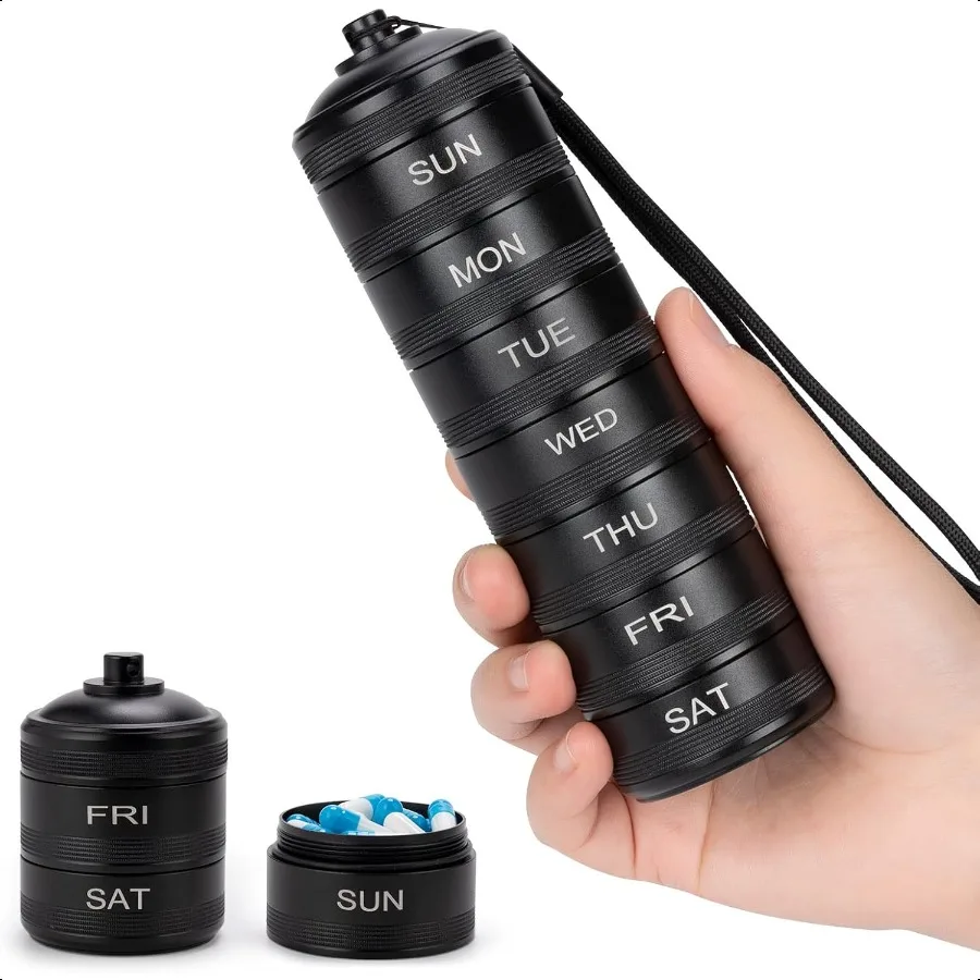 

Pill Organizer Weekly Metal Travel Pill Box Waterproof 7 Day Large Aluminum Alloy Pill Container Portable Daily Pill Case for V
