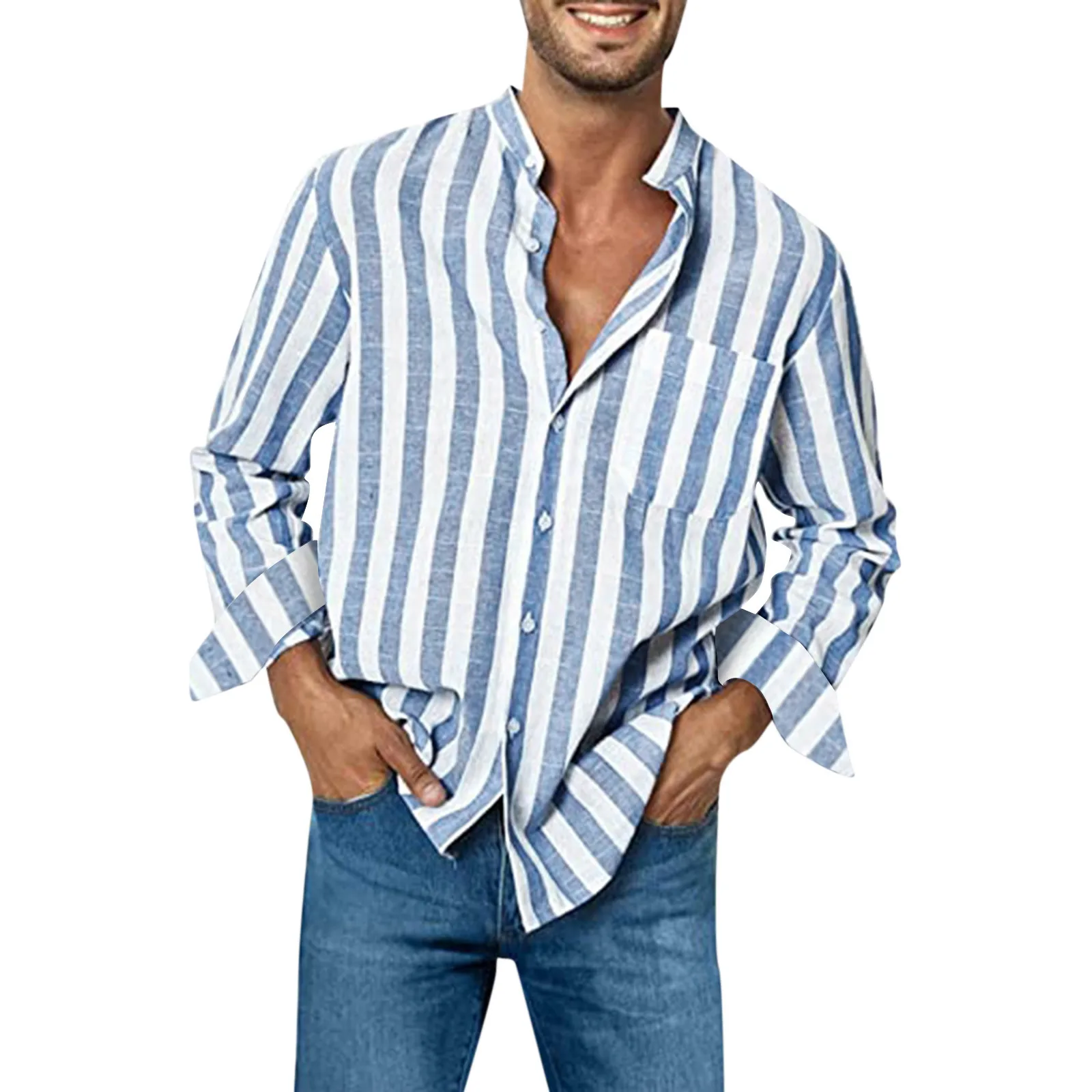 Plus Size Men Shirt Long Sleeve Loose High Elasticity Casual Dress-Up Stripe Printed Striped Shirts Linen Casual Buckle Top Male