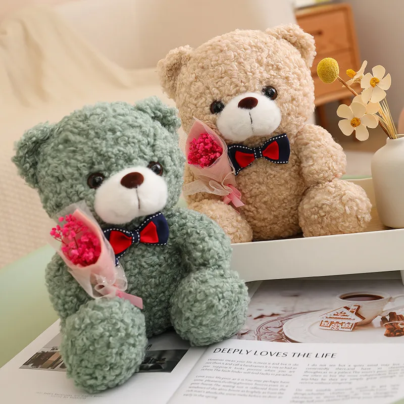 25cm Hug Bouquet Bear Plush Toy Valentine's Day Bow Bear Dolls Girlfriend Birthday Gift Wedding Decor for Weedings Party Favor