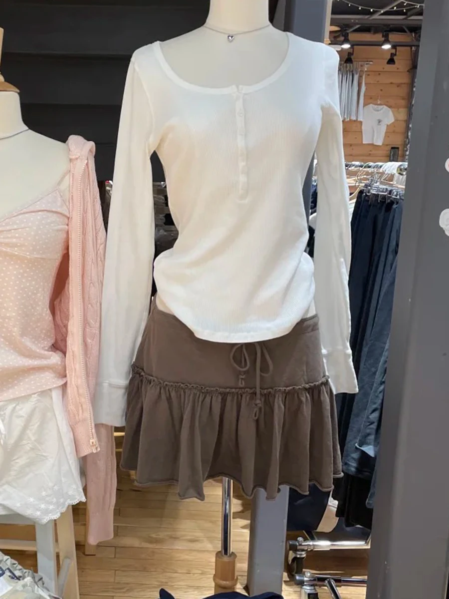 Retro Brown Lace-up Ballet Skirt Woman Summer Casual Elastic Waist Cotton Sports Skirts Sweet Cute All-match A-line Short Faldas