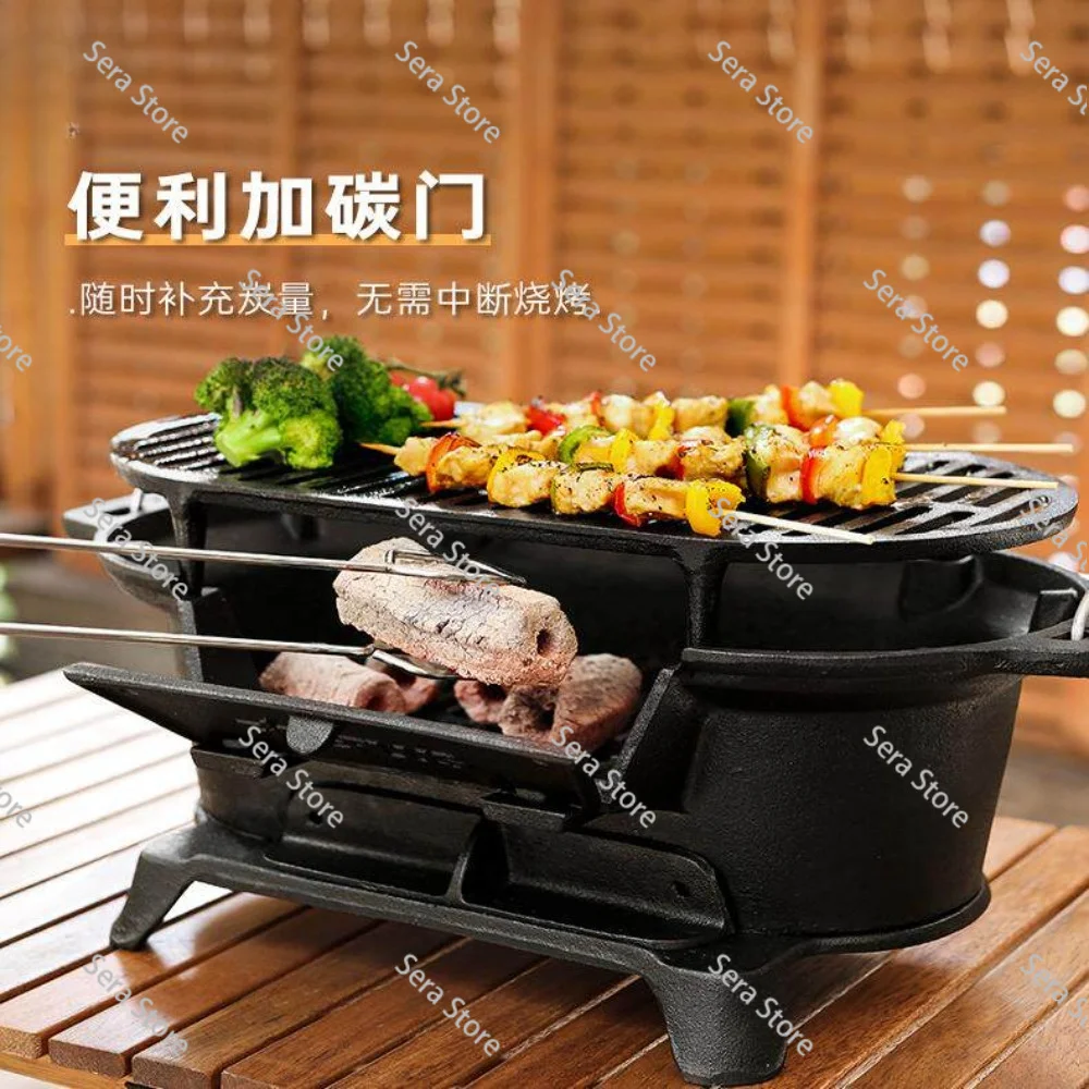Cast Iron BBQ Grill Uncoated with Grill Mesh, Large Wood Charcoal Fireplace for Outdoor Picnic Camping Team Building Ming