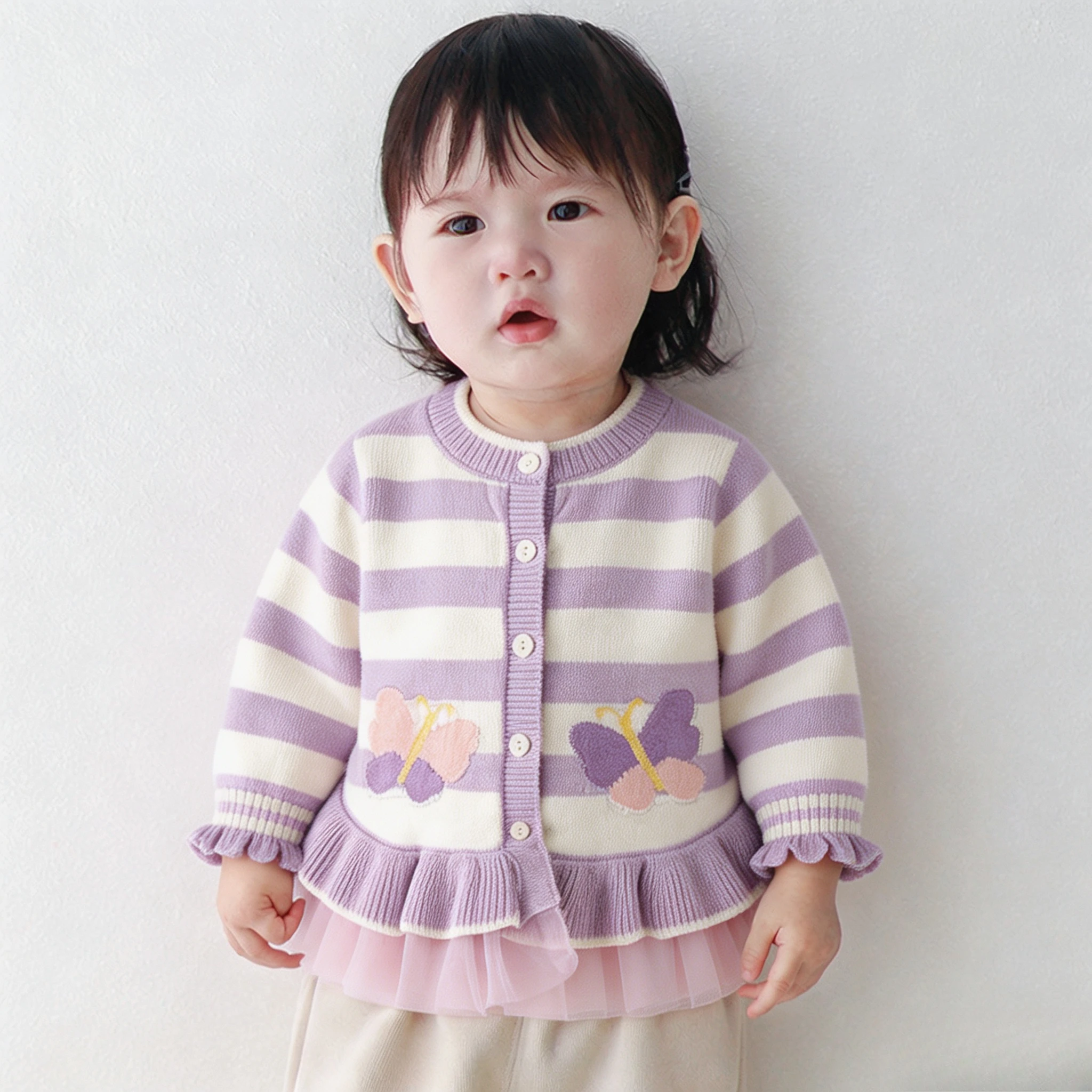 Light Purple Little Butterfly Sweet Girls Sweater Jacket Knit Baby Jacket Cardigan Cotton A Class Infant Sweater