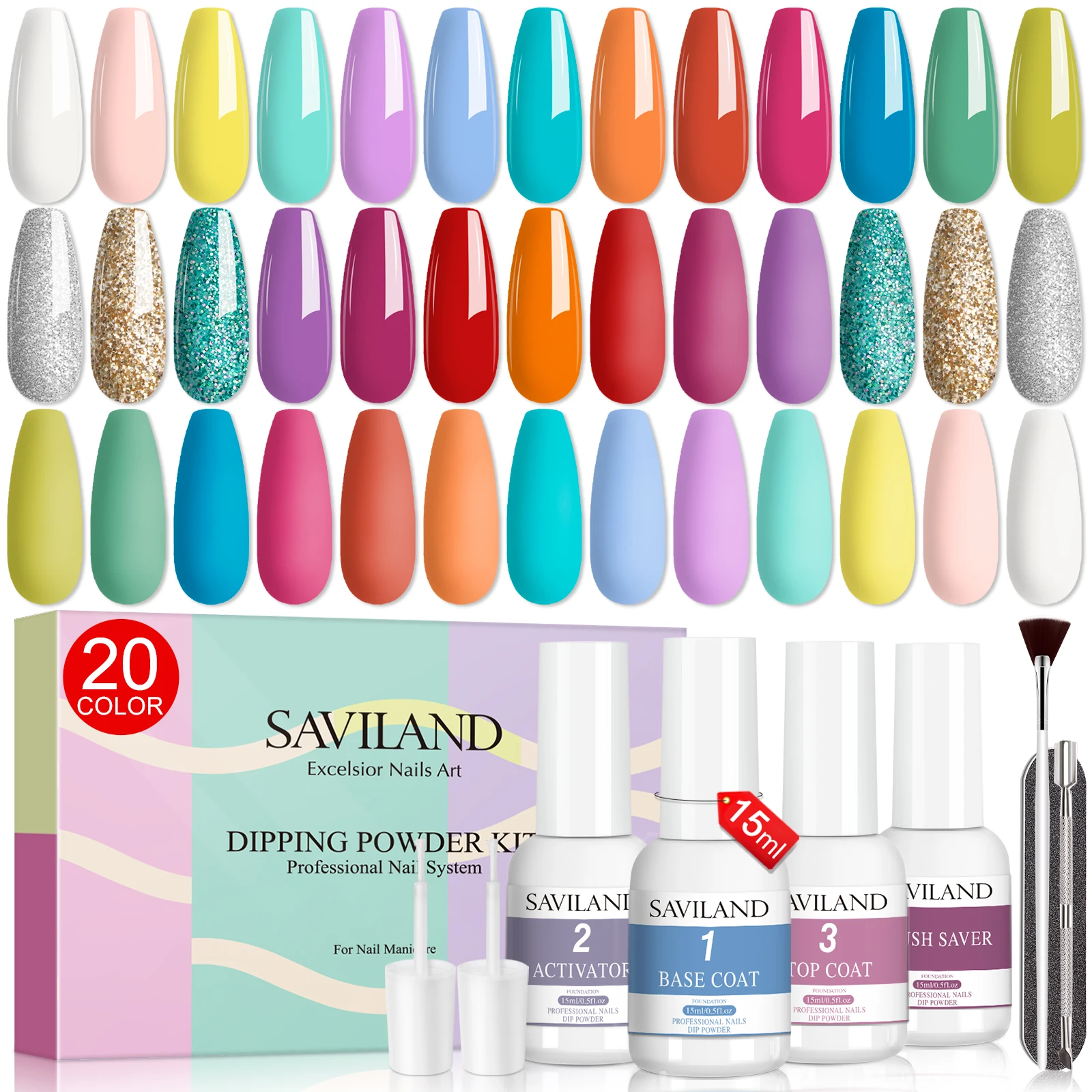 Saviland 20 Colors Dipping Powder Nail Kit Dip Powder Acrylic Powder Nails No Need Lamp Cure Natural Dry Long Lasting Nail Art