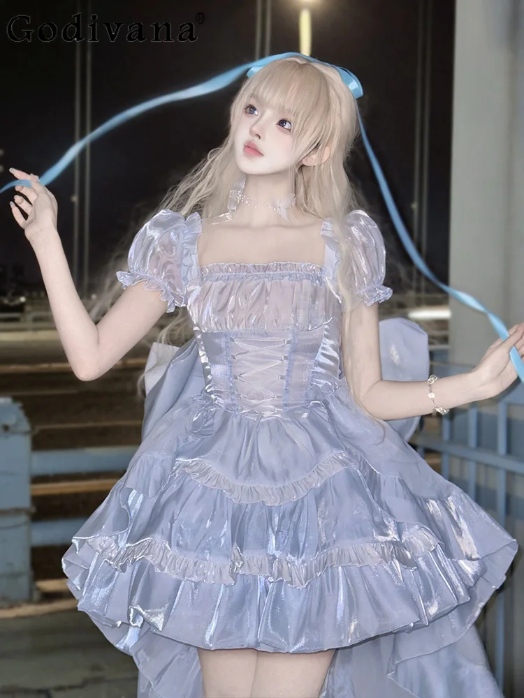 

Japanese Lolita Blue Short Sleeve Square Neck Elegant Lace-up Jk Cake Dress Daily High Waist A-line Party Princess Short Dresses