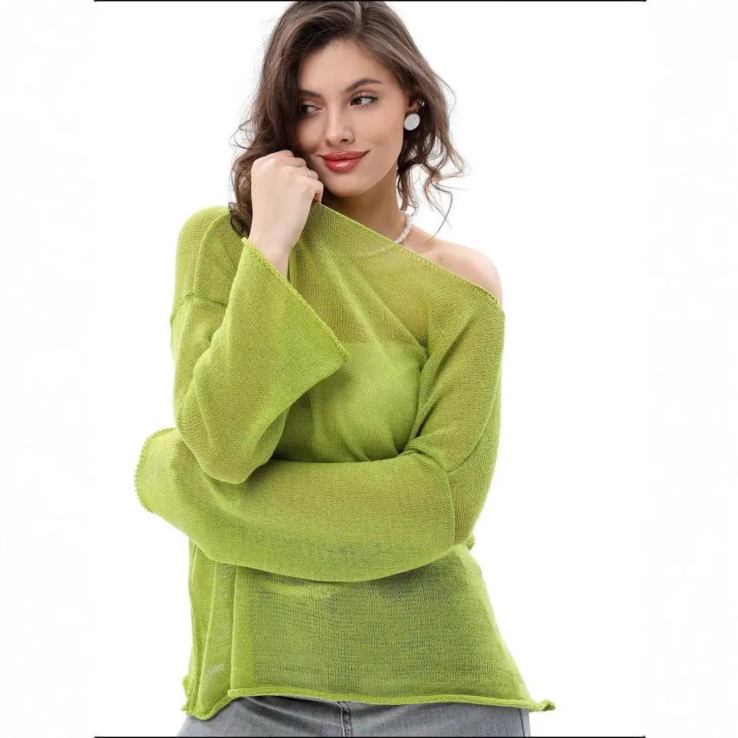 

Women's Large Knitted Me Top Spring Summer Thin Long Sve round Ne T-irt Breathable Hollow out Design Faionable