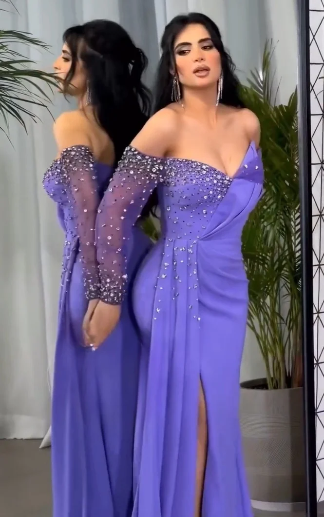 Azul V Neck Cristal Manga Longa Vestidos de Baile, Plissado Beading, Vestidos de Noite Formais Chiffon, Fenda, Mulheres Árabes, 2020