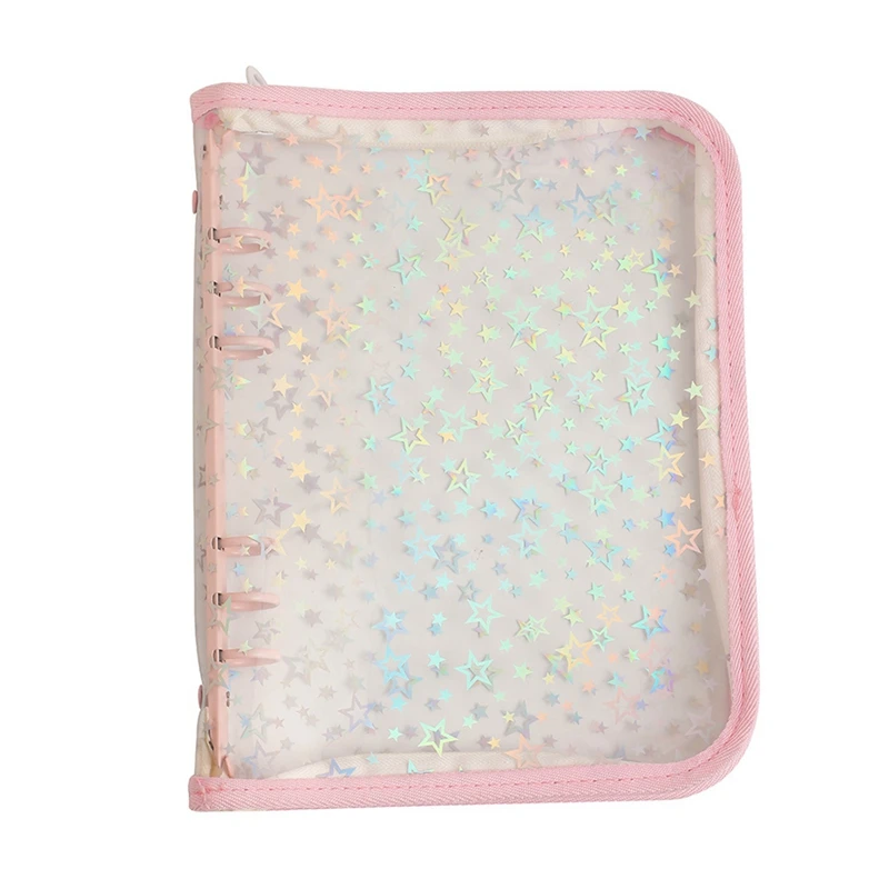 Cubierta de carpeta económica A5 con cremallera, planificador de carpeta de 6 anillas Glitter Stars A5, carcasa de cuaderno recargable de PVC transparente rosa duradera