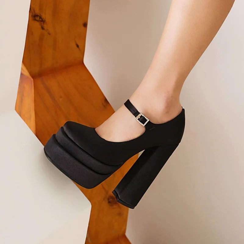 

New Satin Women Chunky Heel Shoes Buckle Strap High Platform Round Toe Dress Shoes Black Red Blue Square Heels Celebrating Pumps