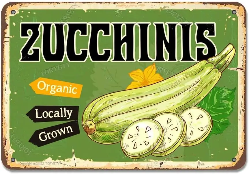 Zucchinis Organic Locally Grown Tin 8 X 12 Inch Retro Look Decoration Art Sign for Home Kitchen Farm Garden Farmhouse Shop Store