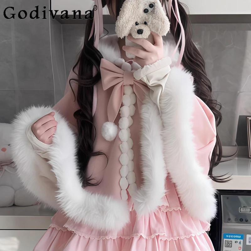 

Japanese Sweet Lolita Pink Capes Autumn and Winter New Girl's Sweet Bow Plush Warm Short Jacket Coat Woman's Hooded Cloak 2025