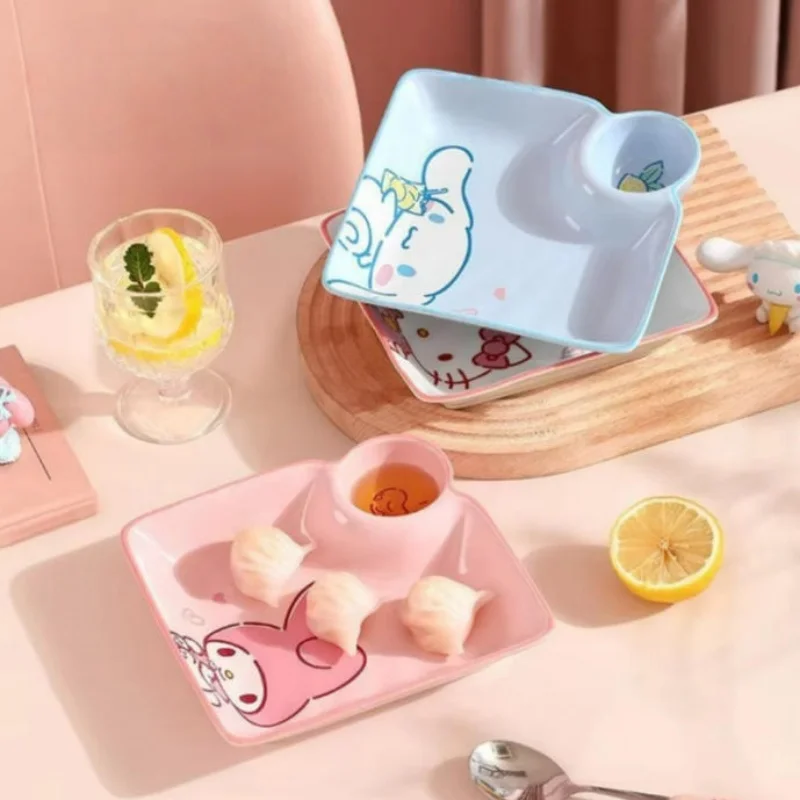 

Cartoon Hello Kitty Ceramic Dish Children's Dishware Cute Melody Breakfast Plate Kawaii Cinnamoroll Dumpling Plate Kids Gifts