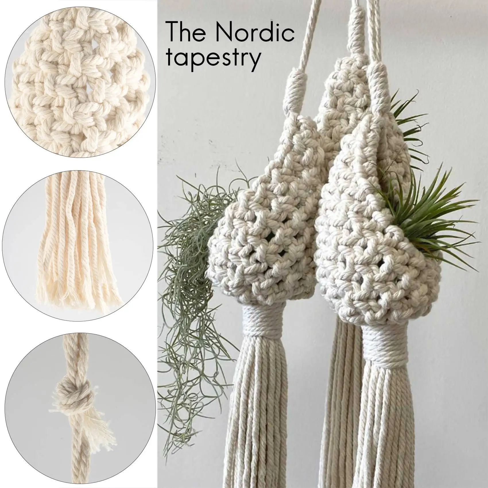 A67M-Boho Macrame Air Plant Hanger Tillandsia Hanging Basket Rope Holder Flower Home Decor
