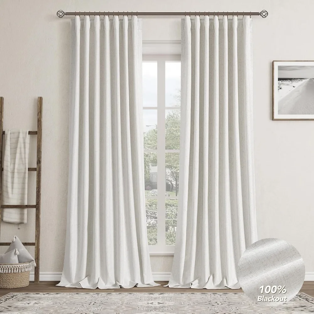 

Natural Linen 100% Black Out Curtains 108 Inches Long 2 pcs Set for Bedroom Cream White Pinch Pleated Thermal Insulated Energy