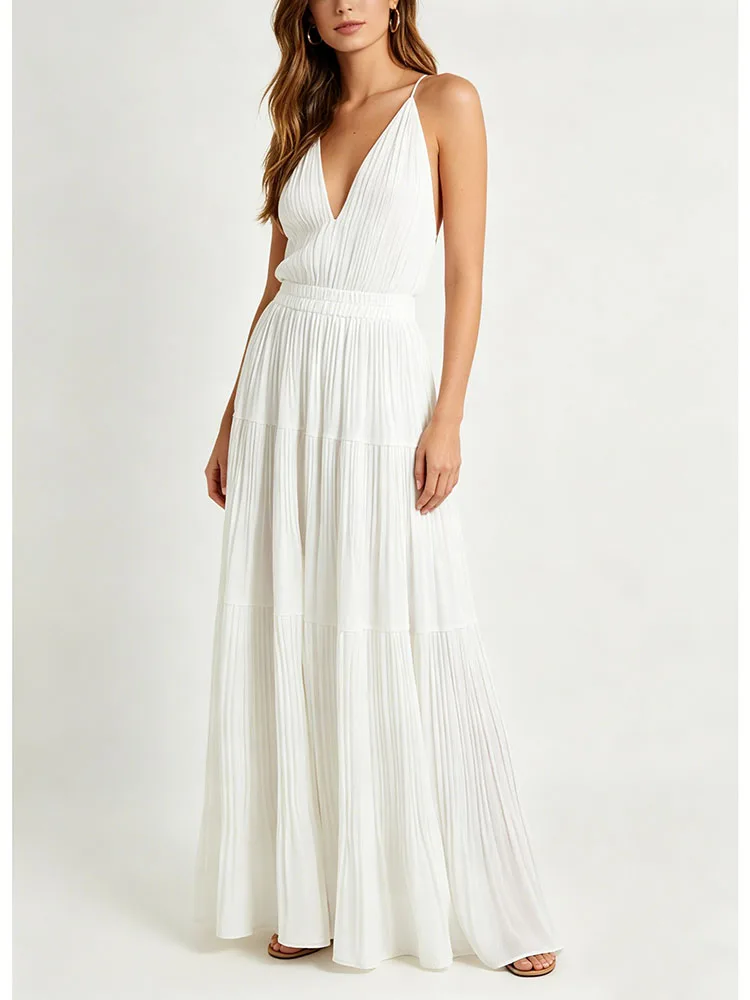 

Women's Pleated Maxi Skirt High Waist A-Line Chiffon Beach Long Skirt for Spring Summer