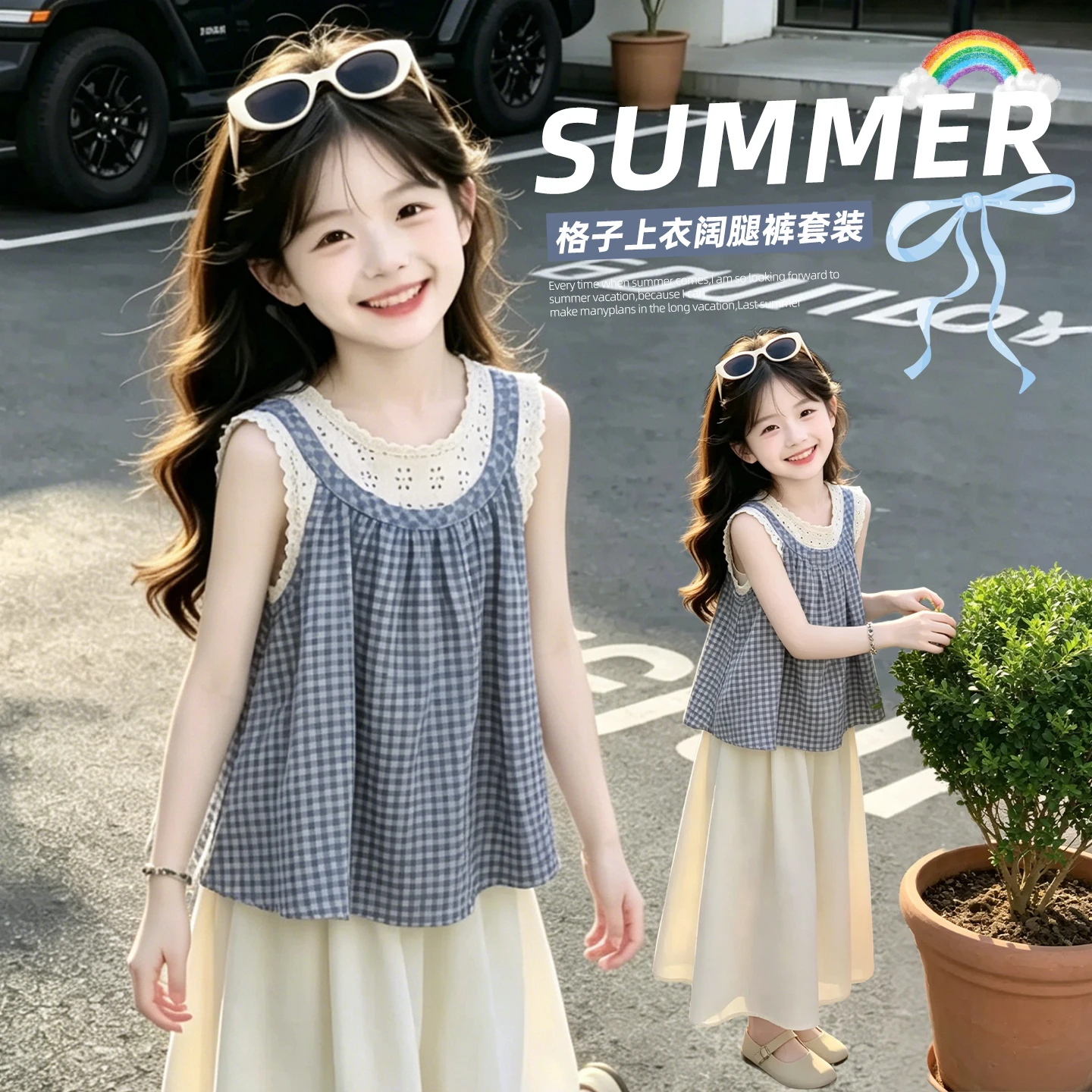 

Children Outfits Summer Fashion New Girls Plaid Top+Wide Leg Pants 2 Pcs Sets 6-16Years All Match Teenager Students Casual Suits