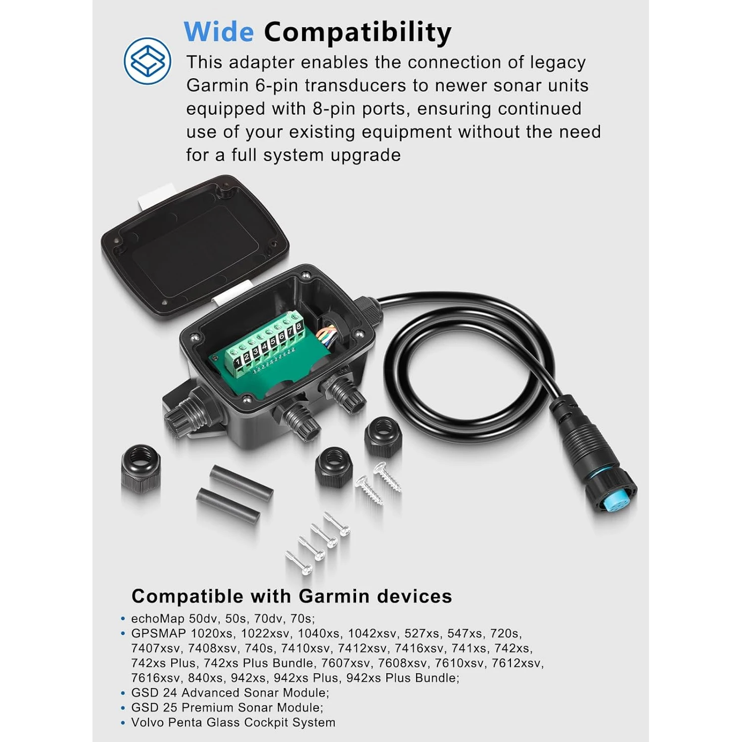 010-11613-00 8-Pin Female to Wire Block Adapter For echoMAP 50dv/50s/70dv/70s, GPSMAP 5xx/7xx/74xx/76xx, 84xx/94xx/10xx