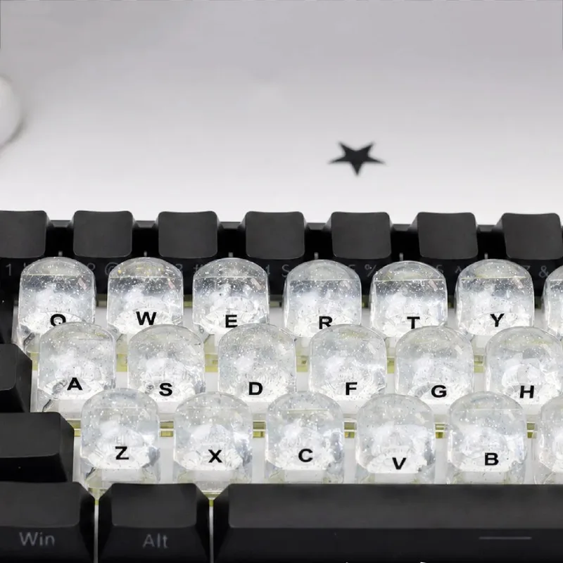 Starry Sky Crushed Ice Transparent Raised Keycaps Universal Cross Stem For Long Nails Girls Mechanical Keyboard