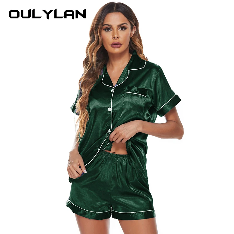 Women Sexy Luxury Imitation Silk Pajama Set Summer Short Heart Leisure Shirt Shorts 2 Pieces Set Loungewear For Women