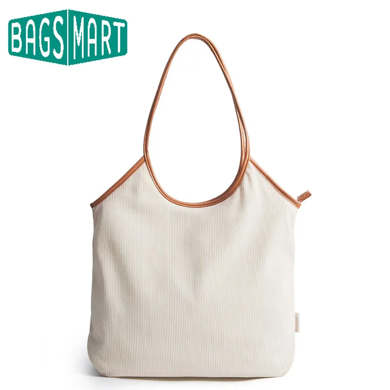 

BAGSMART Corduroy Tote Bag for Women with PU Leather Handles Casual Shoulder Bag with Zipper Handbag for Travel Work
