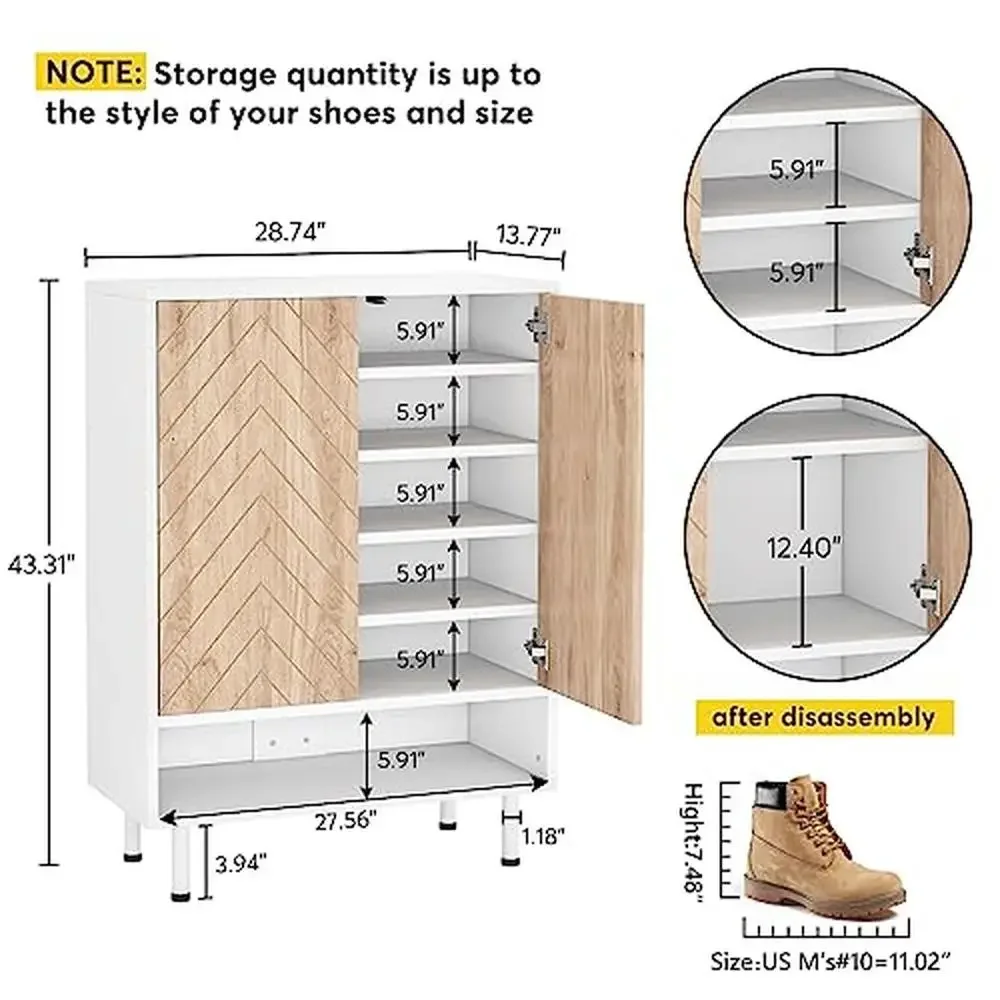 6-Tier Rustic Wood Shoe Cabinet Organizer with Herringbone Doors White & Brown 18 Pair Storage Entryway Closet Organizer