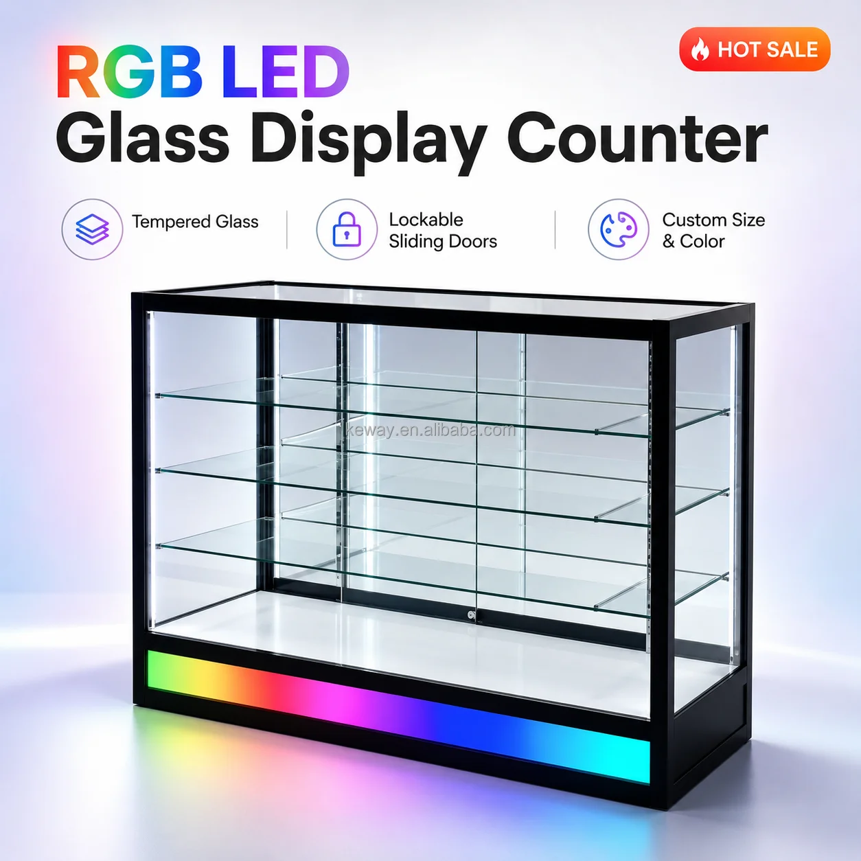 Wholesale Custom 48-Inch RGB Light Sliding Glass Showcase Display Cabinet with Smoke Mirror for Storefront Office