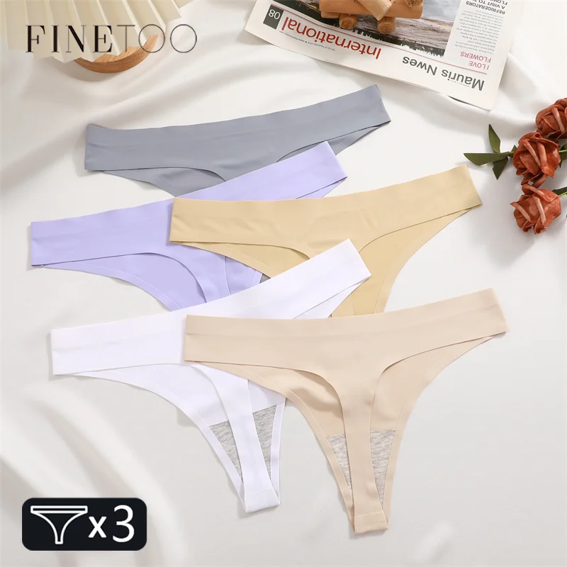 FINETOO 3PCS Seamless Female Thongs Sexy Women's Panties Silk Satin Underwear G-Strings Low-Rise Invisible Underpants T-Back Hot