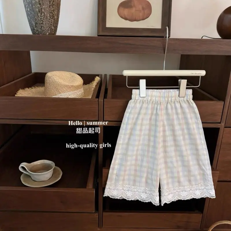 Children's Clothing Set Cherry Blossom Peach Girl Sweet Pink Flower Bud Top Checkered Lace Nine Leg Pants Lovely Set