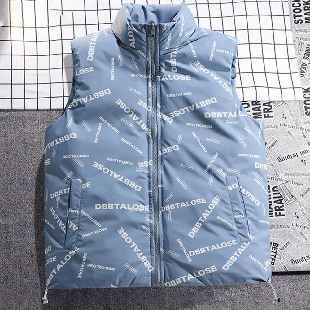 Drawstring Hem Men Vest Men's Reversible Sleeveless Puffer Vest with Stand Collar Drawstring Hem Windproof Outwear with Zipper