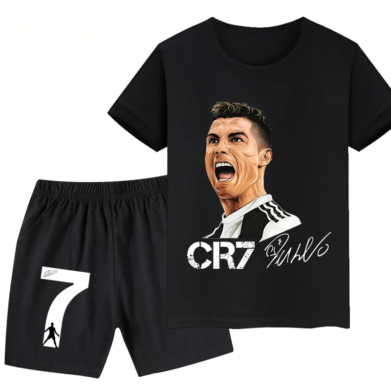 2024 Ronaldo piłkarz CR7 drukowane odzież dla dzieci koszulka na co dzień + spodenki 2 szt. Zestawy letnie dzieci chłopcy moda dresy sportowe