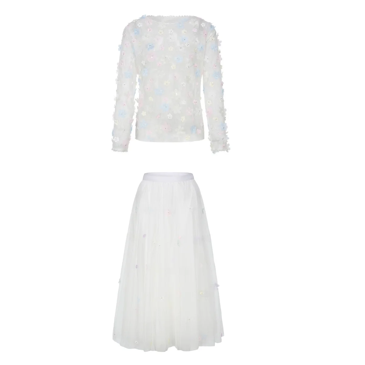 

Летний модный комплект: топ с длинными рукавами и принтом в виде лепестков цветов, струящаяся юбка, наряд в стиле Face Art