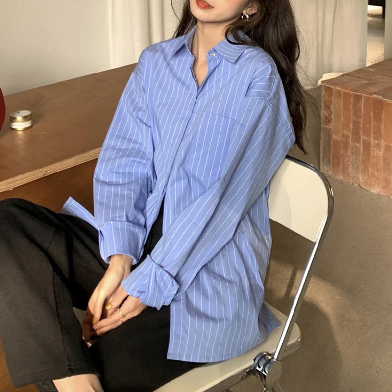 

Striped Shirts Women Fashion Loose Daily Turn-down Collar Clothes Students Elegant Casual Harajuku Chic Ulzzang Simple All-match