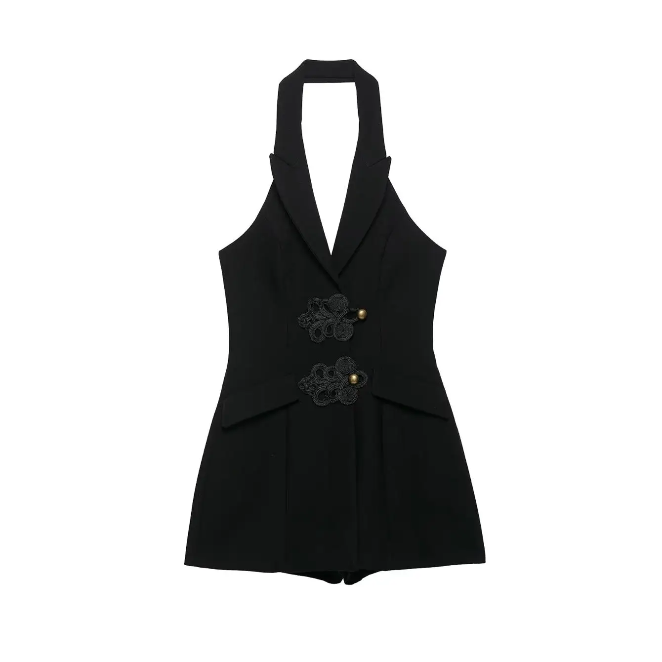 TFMLN 2026 Damen Trend Halter V-Ausschnitt Playsuit Einfarbig Ärmellos Rückenfreier Shorts Eleganter Streetwear-Anzug Schicke Knopf-Dekoration – Detail 2