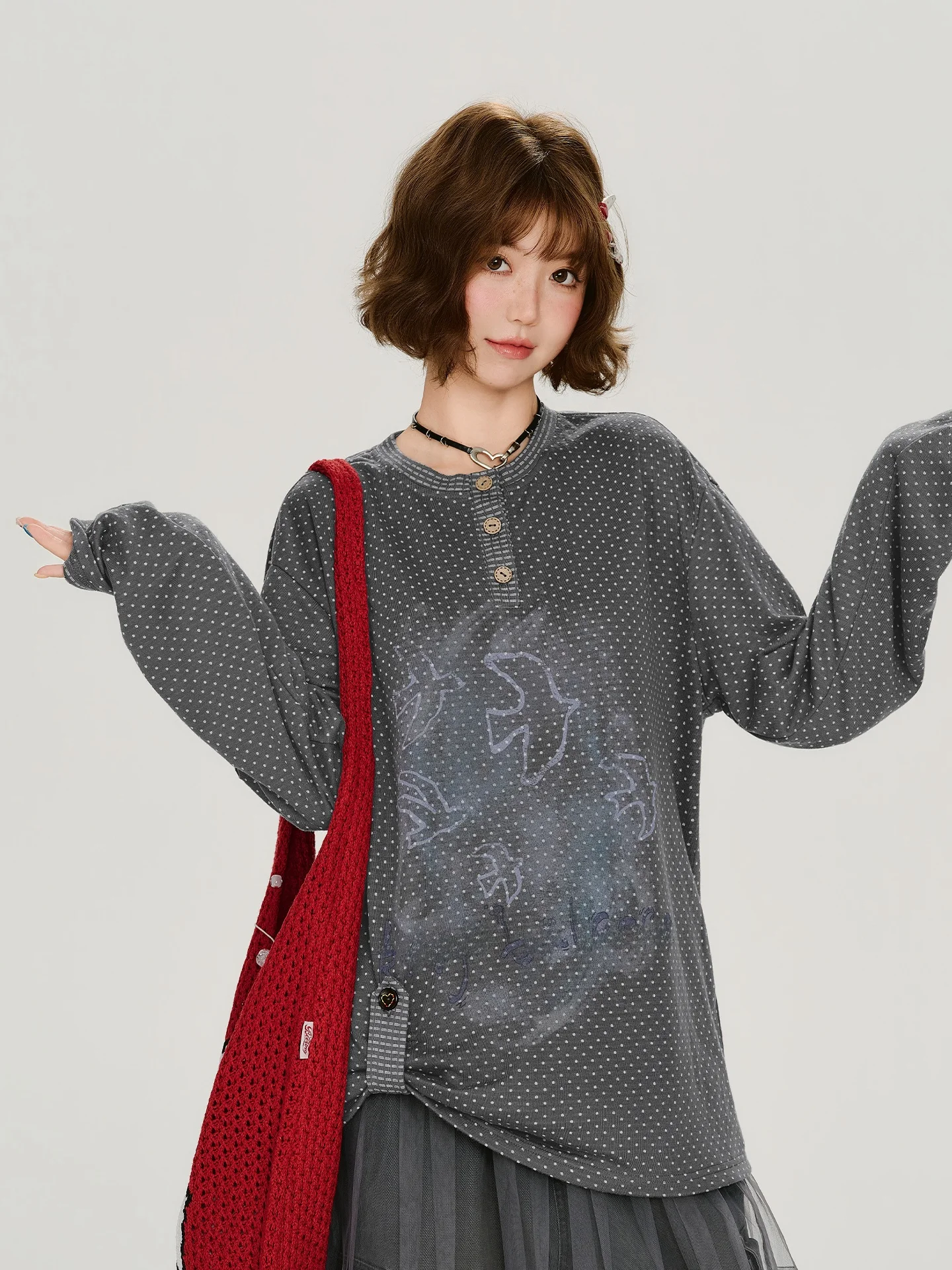 Girlyhalo American Retro Polka Dot Long Sleeve T-Shirt Women's Loose Lazy Style Casual Top round Neck Autumn New Arrival