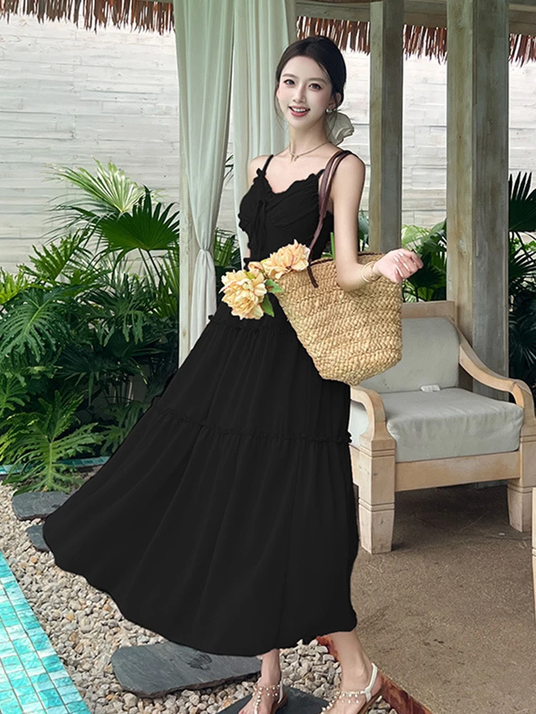 Mulheres roupas de férias chiffon sólido doce sexy cinta magro a linha vestido longo elegante moda festa aniversário vestidos robe verão