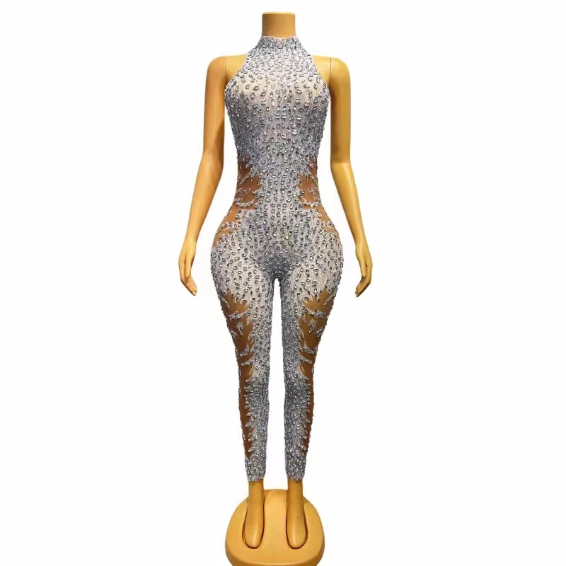 

Sexy Sleeveless Silver Rhinestones Mesh Transparent Jumpsuit Birthday Celebrate Evening Costume Crystals Stage Crystal Bodysuit