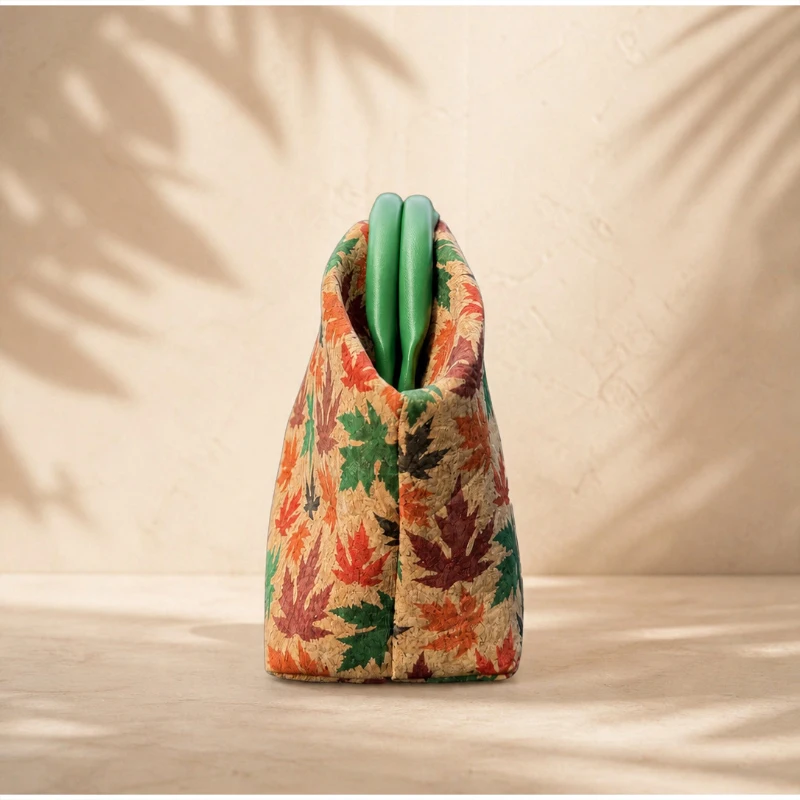 Handtasche mit Obergriff, Clutch aus gewebtem Stroh, Hobo-Tasche in Ahornblatt-Farbblock-Design, Damen-Sommermode-Abendtasche mit Farbkontrast – Detail 12
