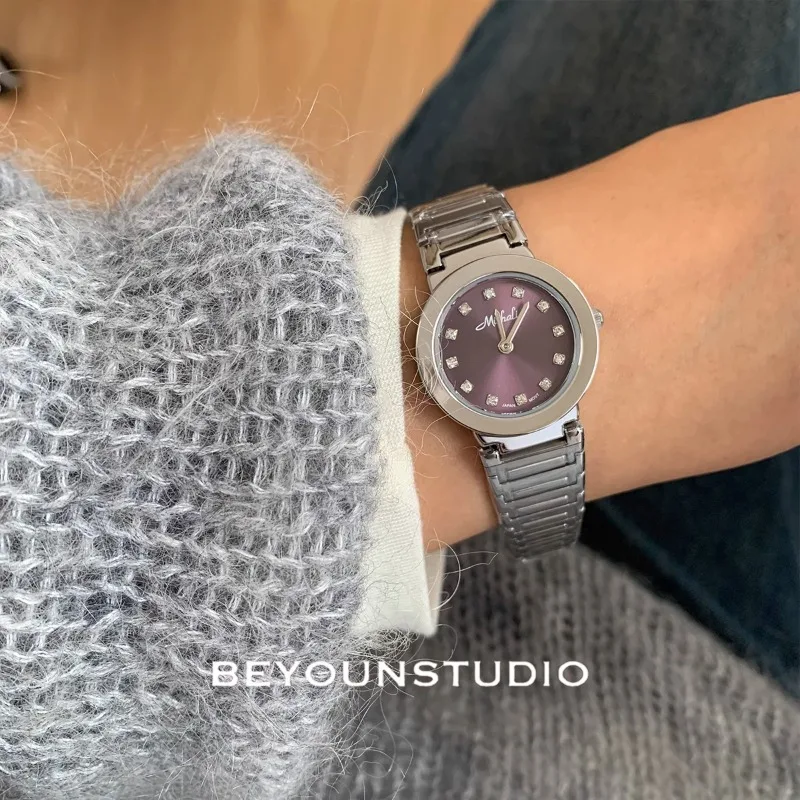 

Simple Purple Diamond Ladies Watches Stainless Steel Women's Bracelet Striped Watch Strap Waterproof Bracelet Gift Reloj Mujer