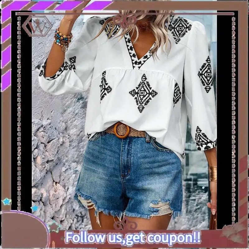 A95D-Mulheres casuais com decote em V estampa floral chiffon blusas manga 3/4 boho verão tops camisas