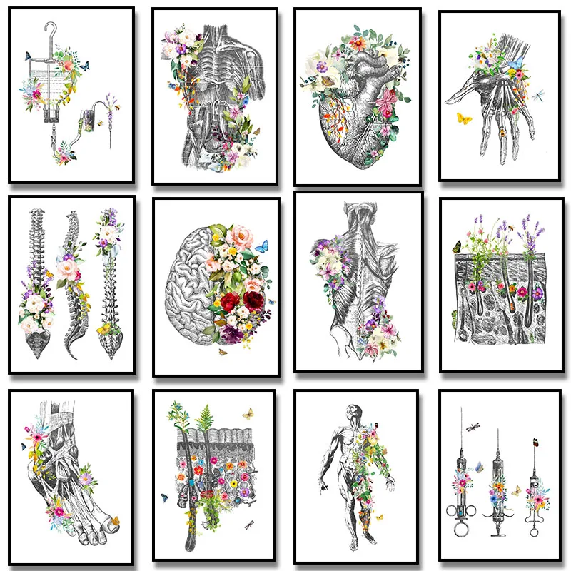 Human Heart Brain Lungs Skin Vertebral Column Anatomy Leg  Art Canvas Painting Muscles Skeleton Poster Prints Wall Medical Decor