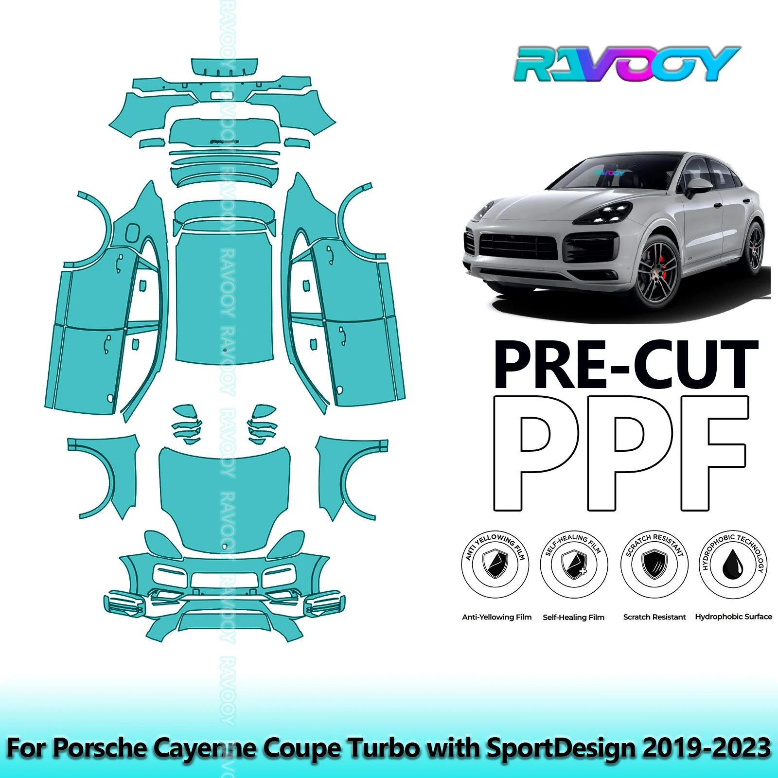 

Для Porsche Cayenne Coupe Turbo с SportDesign 2019-2023, полный автомобиль, 8,5 мил, предварительно вырезанная защитная пленка из полипропилена, прозрачный бюстгальтер