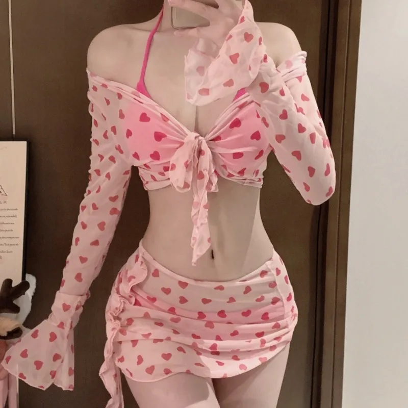 Sweet Pink Heart Print Three Piece Swimsuit Set with Sheer Long Sleeve Top Wrap Skirt Modest Swimwear for Beach Pool Vacation
