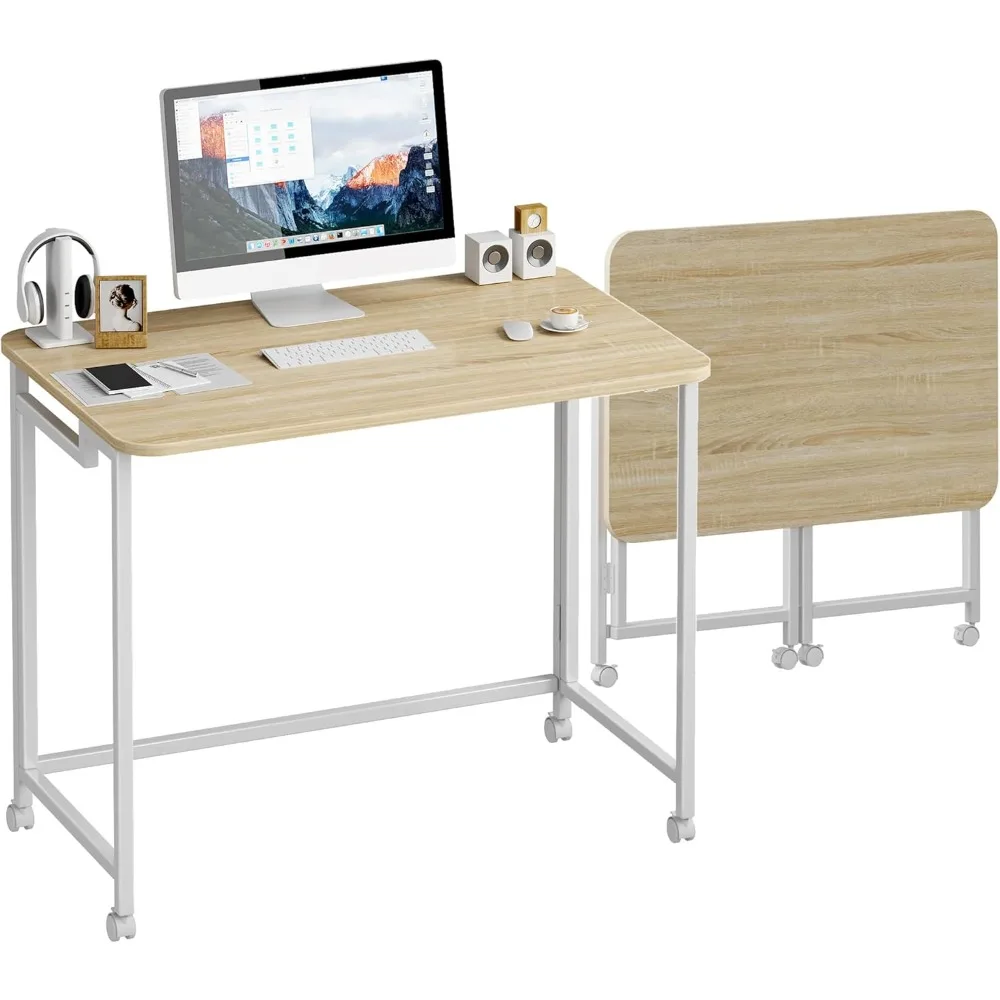 

Small Folding Computer Desk with Storage Bag and Hook Writing Modern Industrial Work Table Laptop for Home Office White (Natura