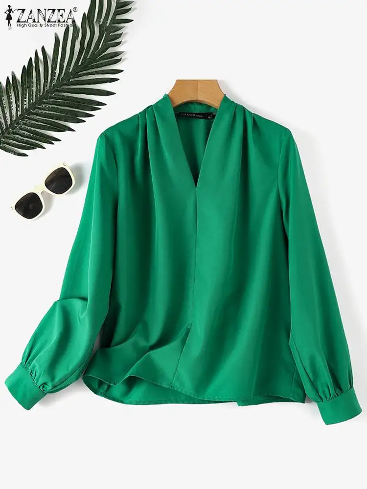 ZANZEA Women Office Elegant Wrap Blouses Fashion Top Tunic 2023 Autumn V-neck Long Sleeve Vintage Shirts Pleats Blusas Oversized