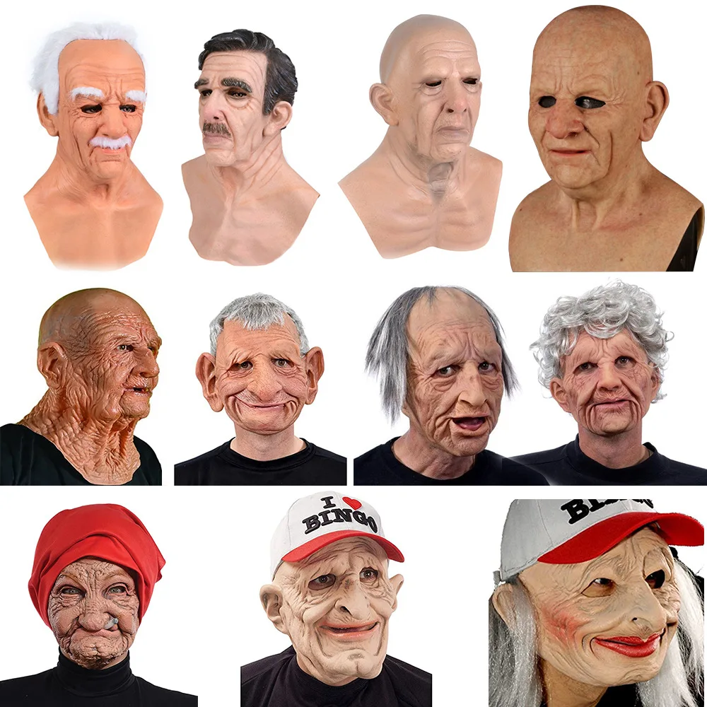 

Halloween Smoking Granny Mask Latex Headset Cosplay Grandpa Hat Grandpa Wig Mask