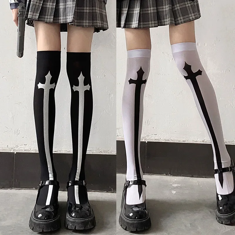 Bas croisés Punk Harajuku pour femmes, chaussettes hautes noires pour filles, bas gothiques foncés Y2K, bonneterie de fête de festival, chaussettes longues au genou Lolita