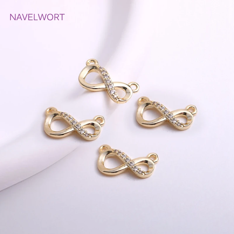 14K Gold Plating infinity Bracelet Making Supplies,Brass Metal Inlaid Zircon Double Hole Connector DIY Accessories Wholesale