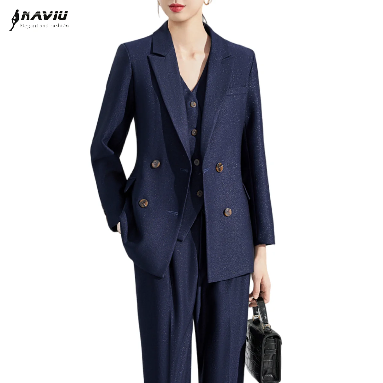 

NAVIU Fashion Lady Pants Suit Formal Women Office Business Work Wear Double Breasted Blazer And Trouser Navy Blue Apricot Black